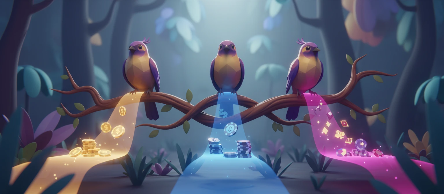 Stylised birds choosing between several glowing pathways at dusk