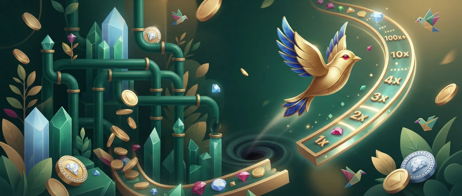 Conceptual visual of a bird climbing a multiplier curve illustrating the Lucky Birds house edge