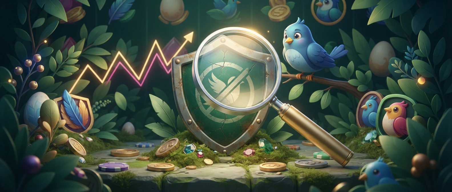 Magnifying glass examining a warning shield, representing checks against fake game listings