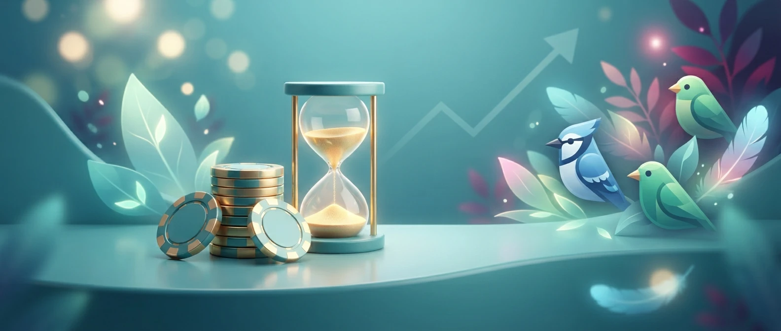 Coins beside an hourglass representing bankroll and time limits